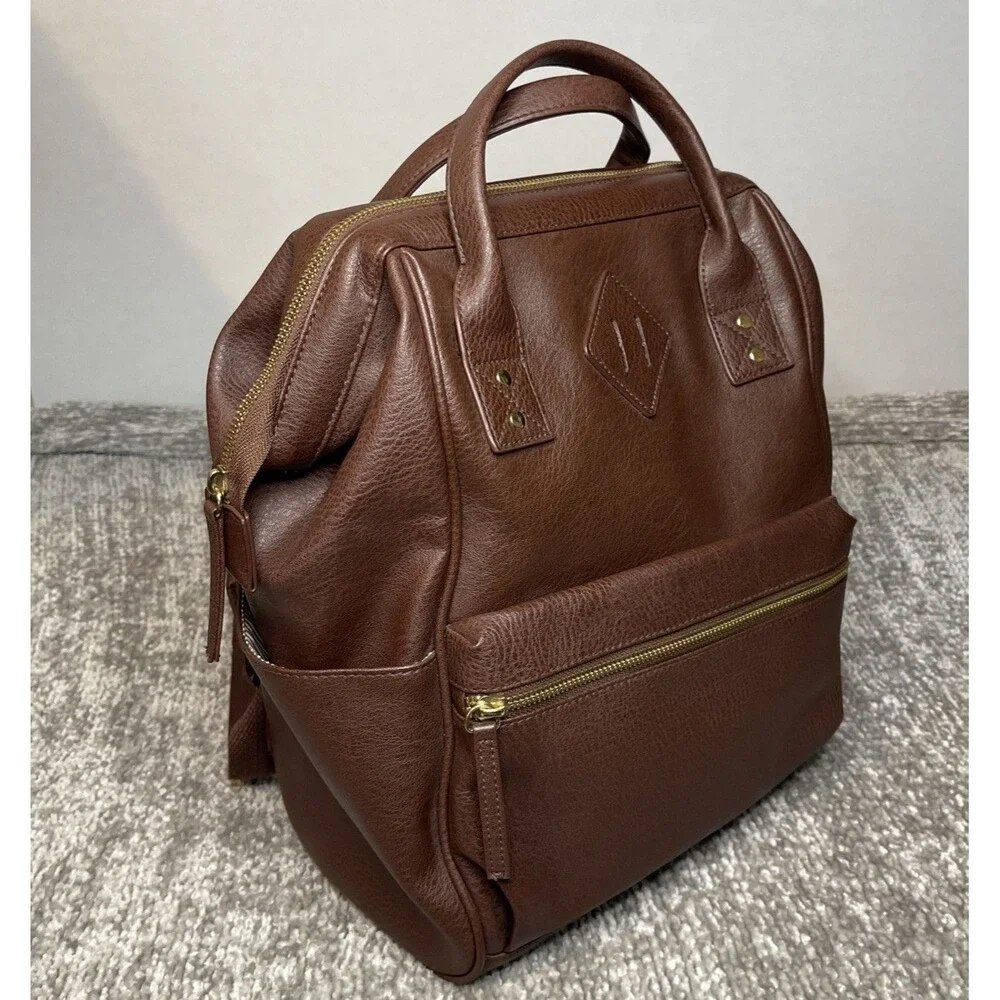 Brown Faux Leather Doctor Bag Backpack Wide Opening Rucksack Travel Work Baby